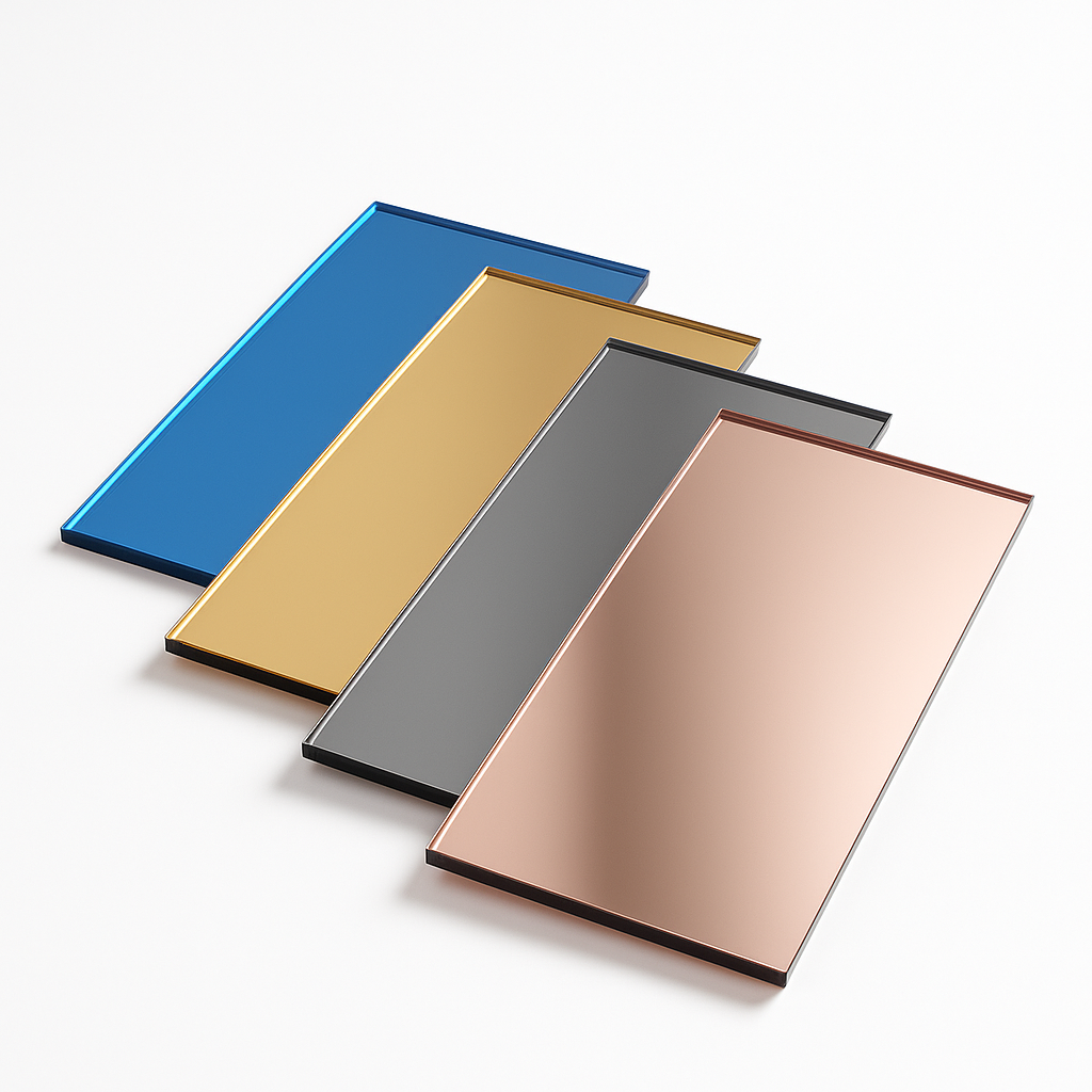 Four acrylic mirror rectangles fanned on white in blue, gold, grey and rose, polished reflective faces
