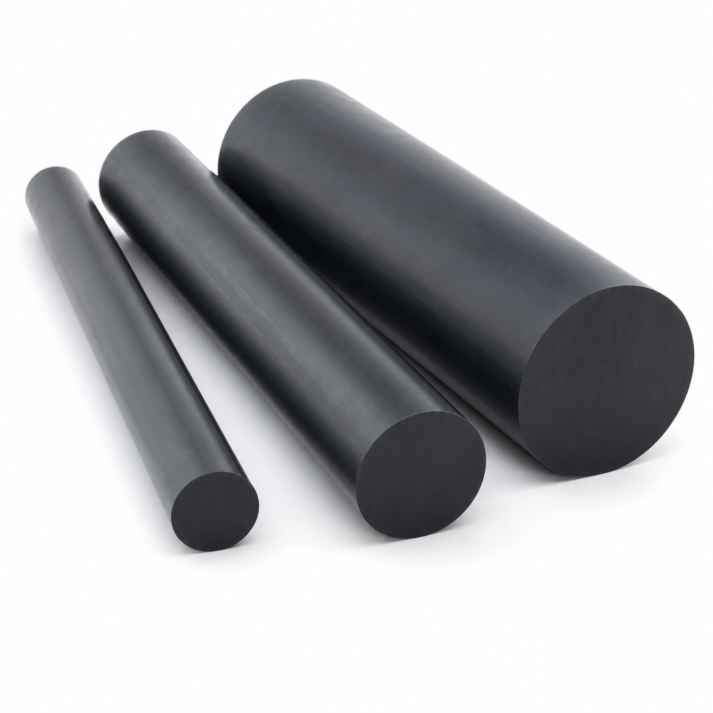 Three black nylon rods in stepped diameters angled together on a white background