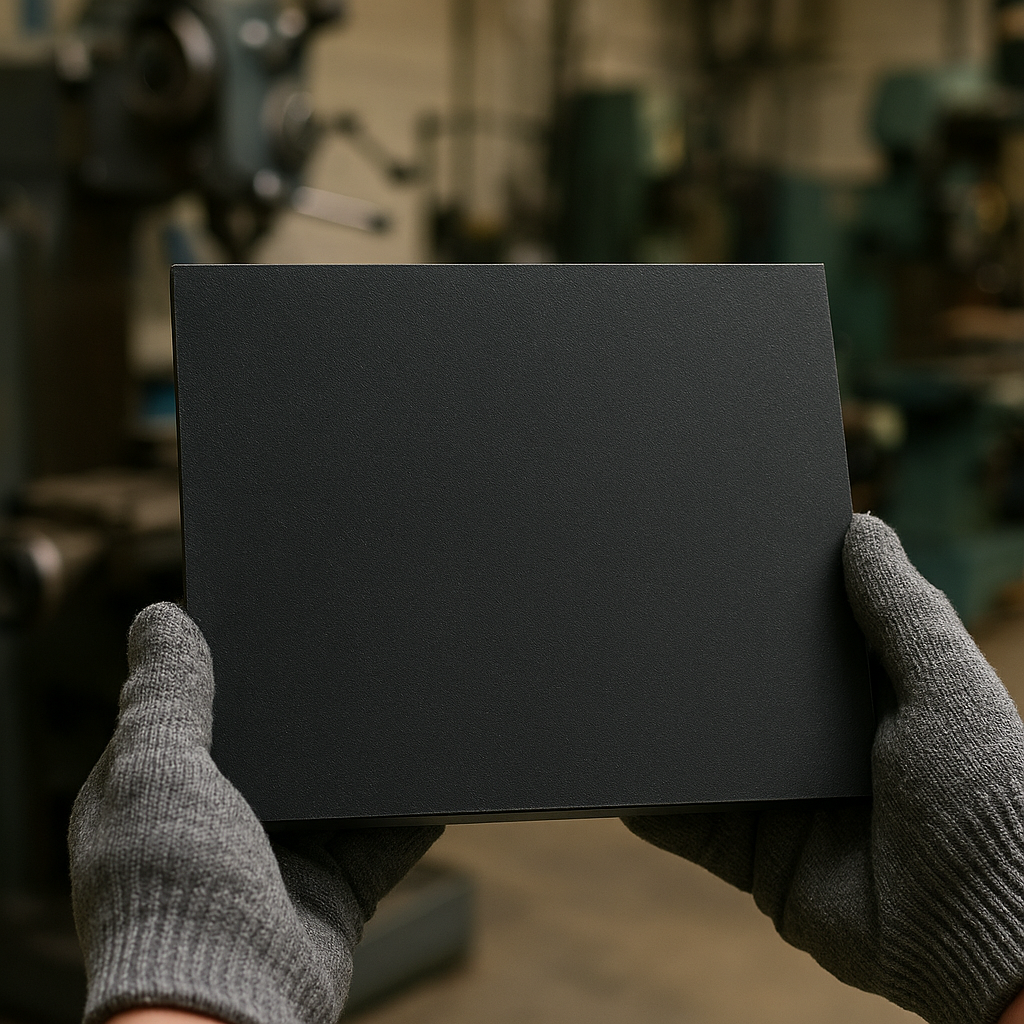 Grey-gloved hands holding a flat matt black panel upright with milling machines blurred behind