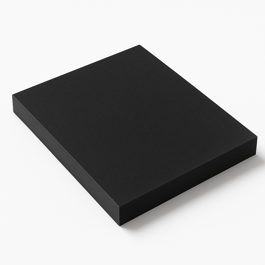 Thick matt black nylon block angled on a plain white background, fine grain across the top face