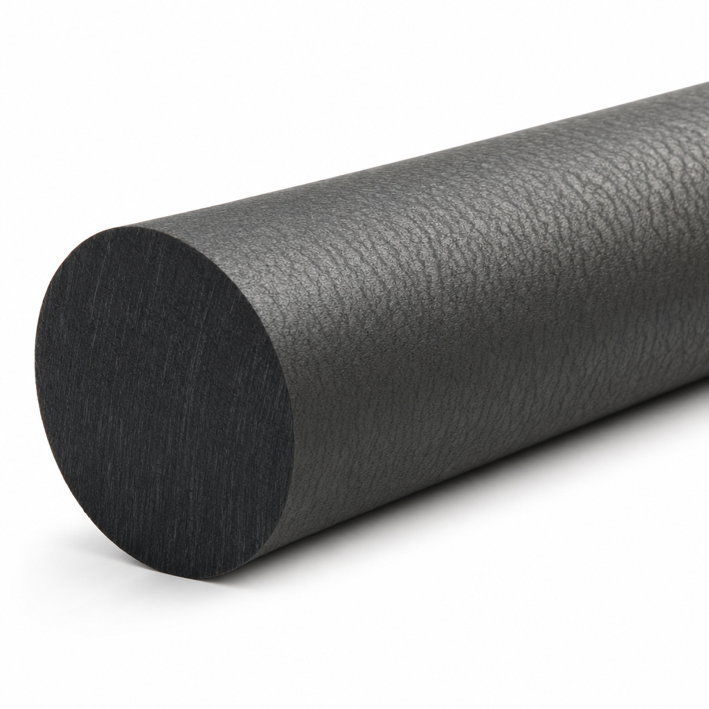 Single textured black-grey nylon 6 rod filling the frame on white, dark sawn end at the left