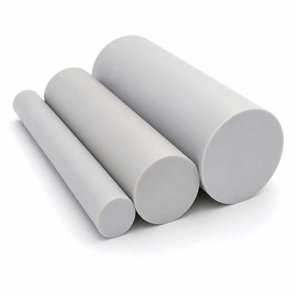 Three light grey PVC rods in stepped diameters on white, matt round cut ends to the right