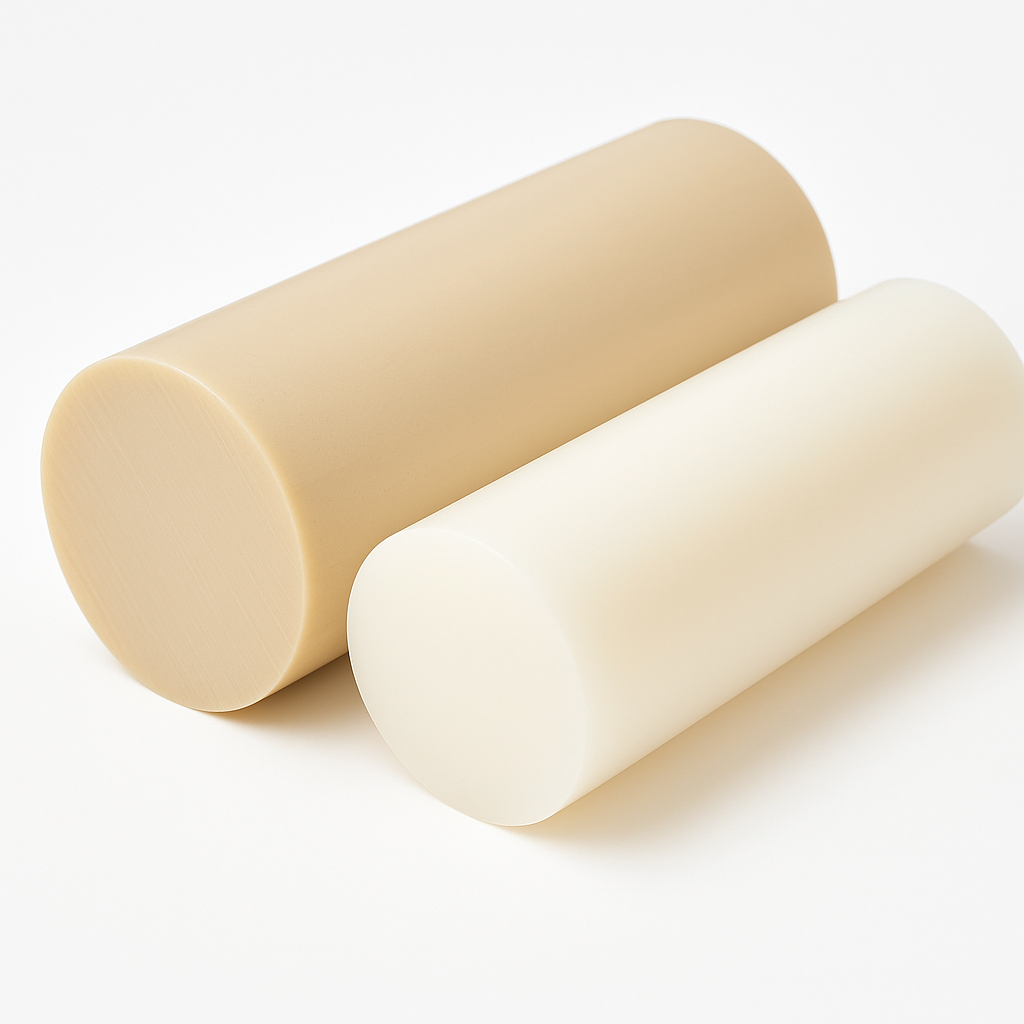 Two short polypropylene rod offcuts lying on white, one beige and one off-white, cut ends to camera