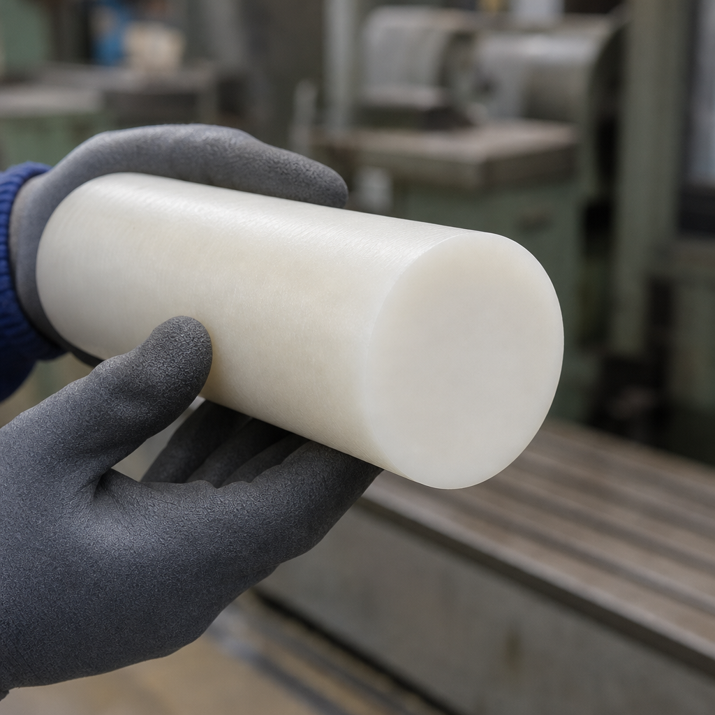 Translucent milky-white polypropylene rod in a dark grey glove, workshop machinery blurred behind