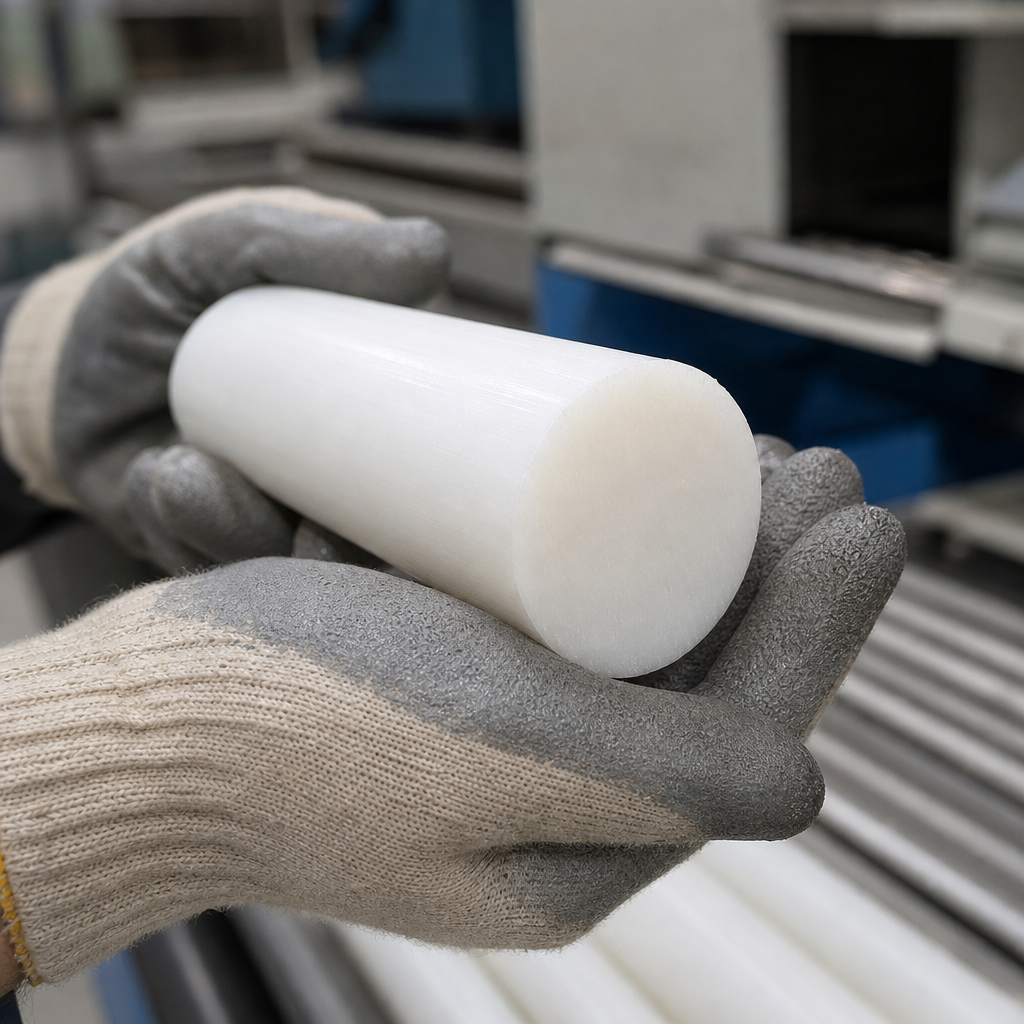 Glossy white polypropylene rod cradled in grey and cream gloves above racked white bar