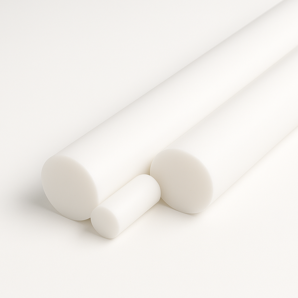 Two long white PTFE bars with a short offcut between them on white, cut faces to the front