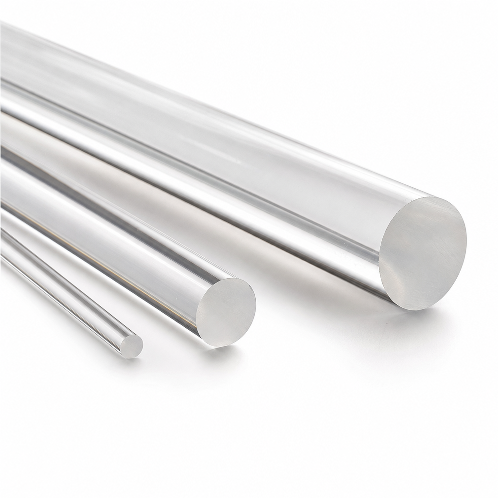 Four clear acrylic rods running diagonally across white, thinnest at the left, satin round cut ends to the front