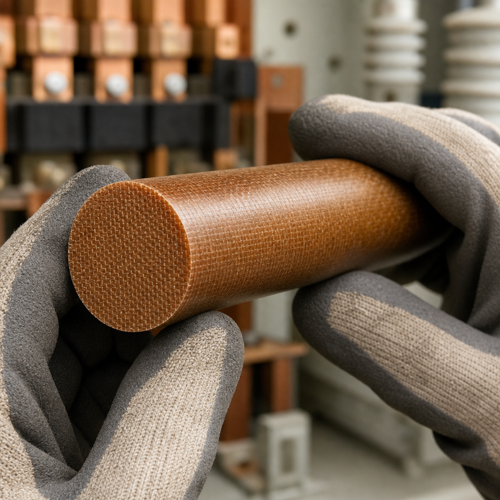 Reddish-brown phenolic laminate rod in grey knitted gloves, woven weave on the end, switchgear behind