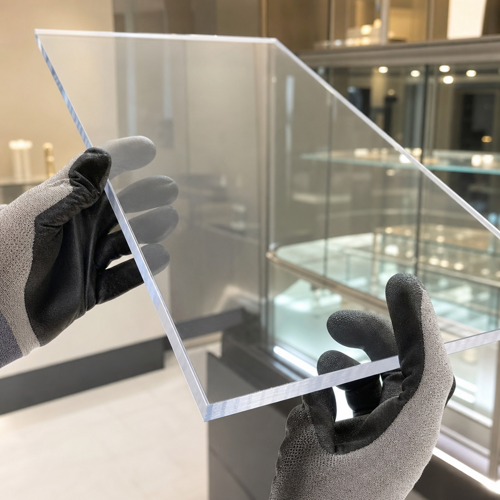 Grey-gloved hands tilting a clear acrylic sheet in a jewellery showroom, lit glass cabinets behind