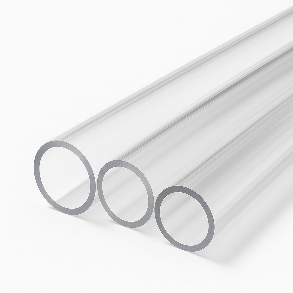 Three clear acrylic tubes of graduating bore resting side by side on white, ring-shaped cut ends in view