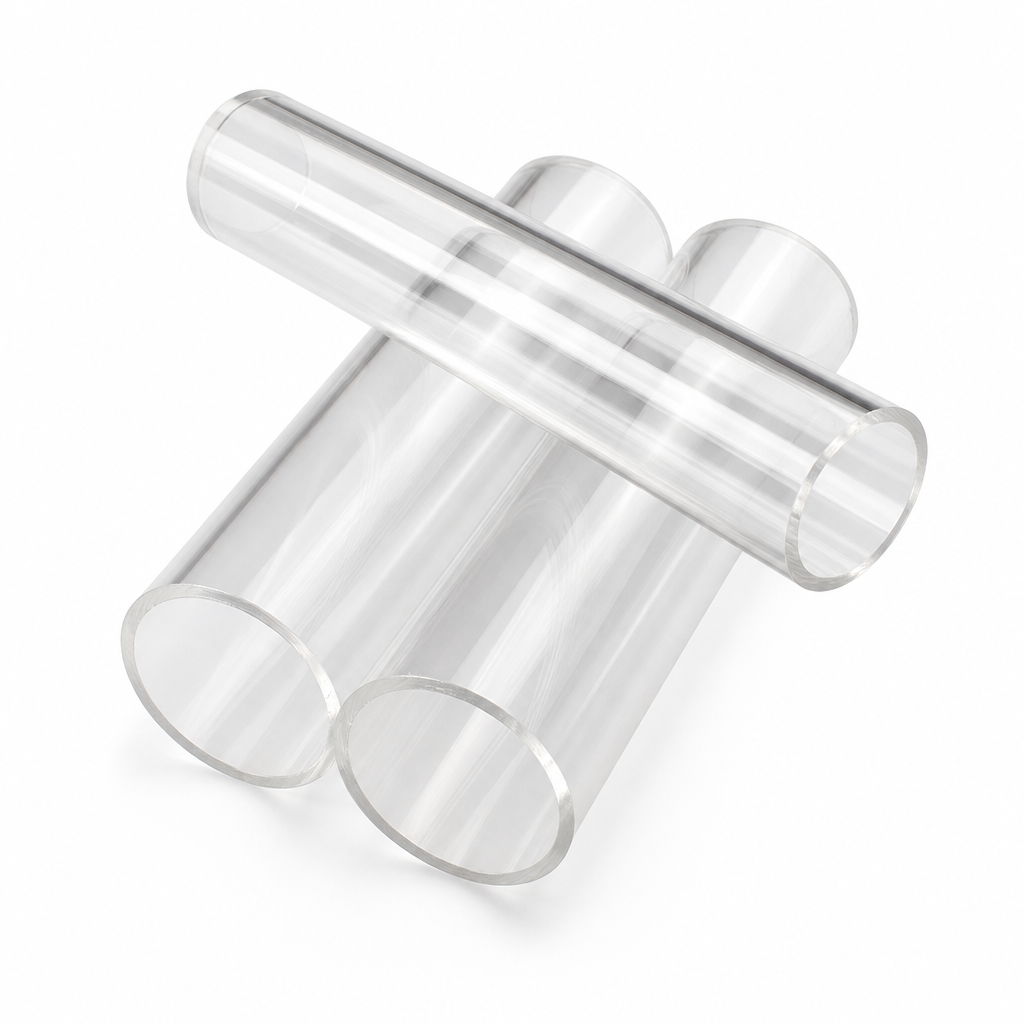 One clear acrylic tube laid across a pair beneath it on white, all three open ends to the front