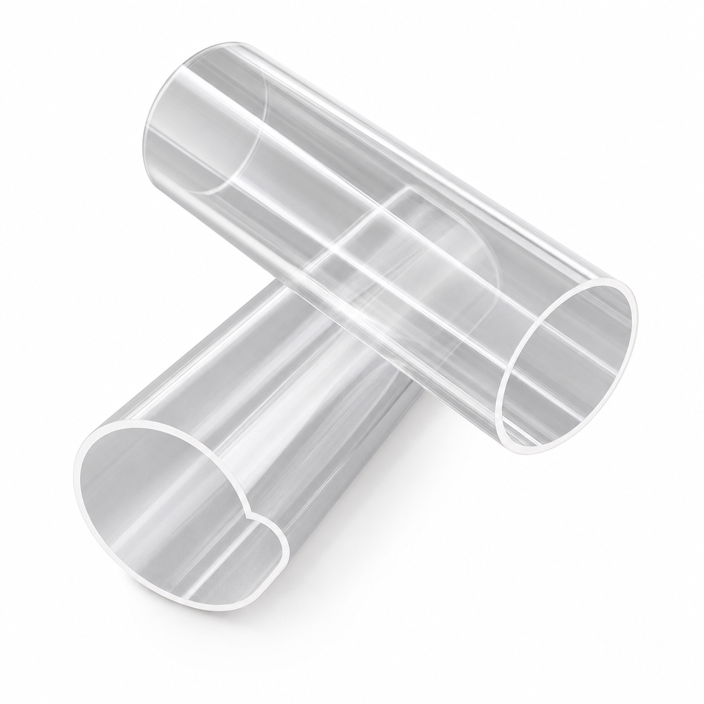 Pair of big clear acrylic tubes laid across each other on white, both open ends facing the lens