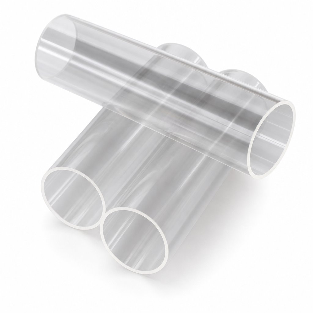 Clear acrylic tubes arranged in a T shape on white, thin-walled open ends pointing towards the camera