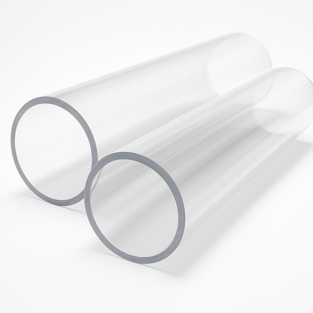 Two very wide clear acrylic tubes resting together on white, grey-rimmed open ends towards the viewer