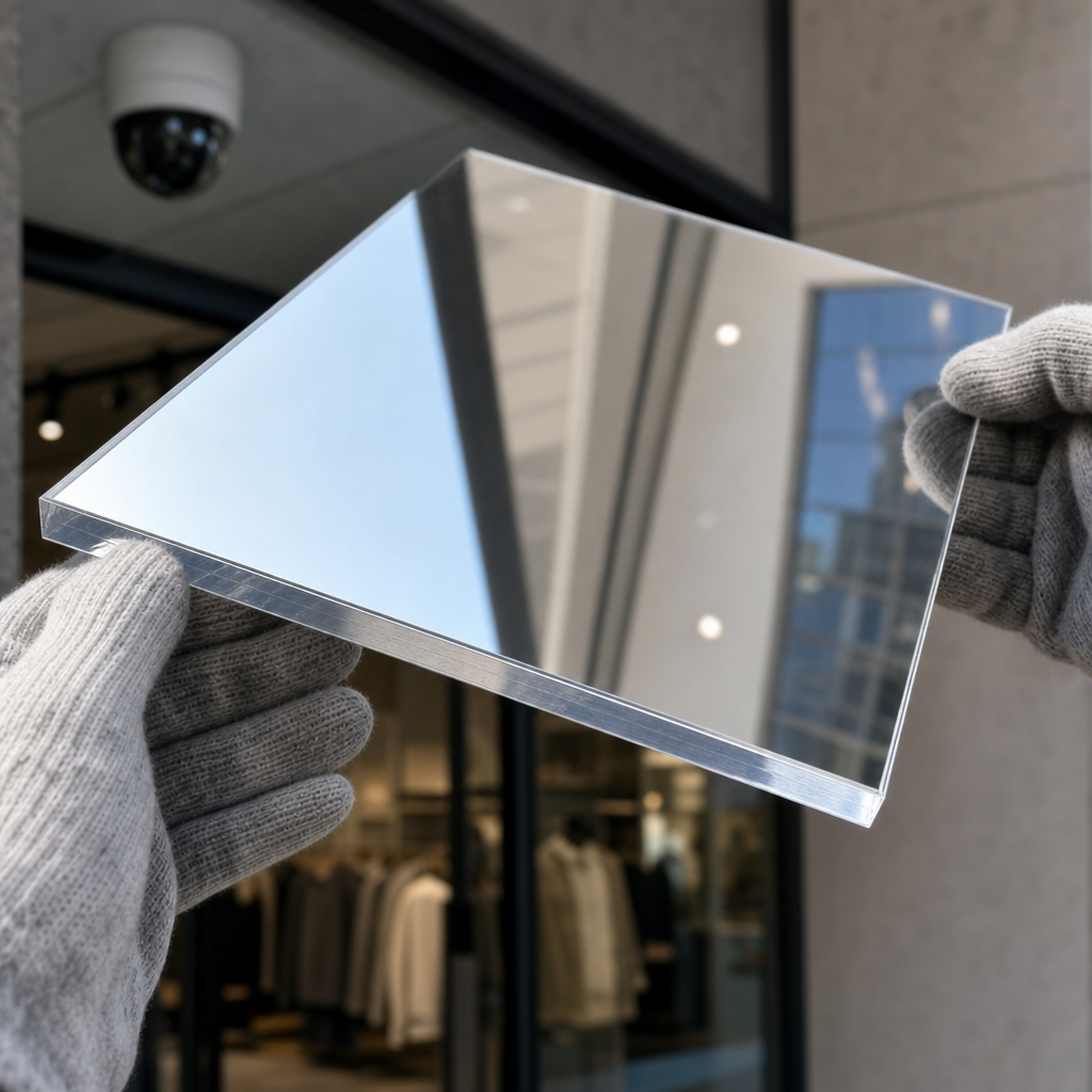 Mirror-finish acrylic sheet held outdoors, reflecting the street and shopfront