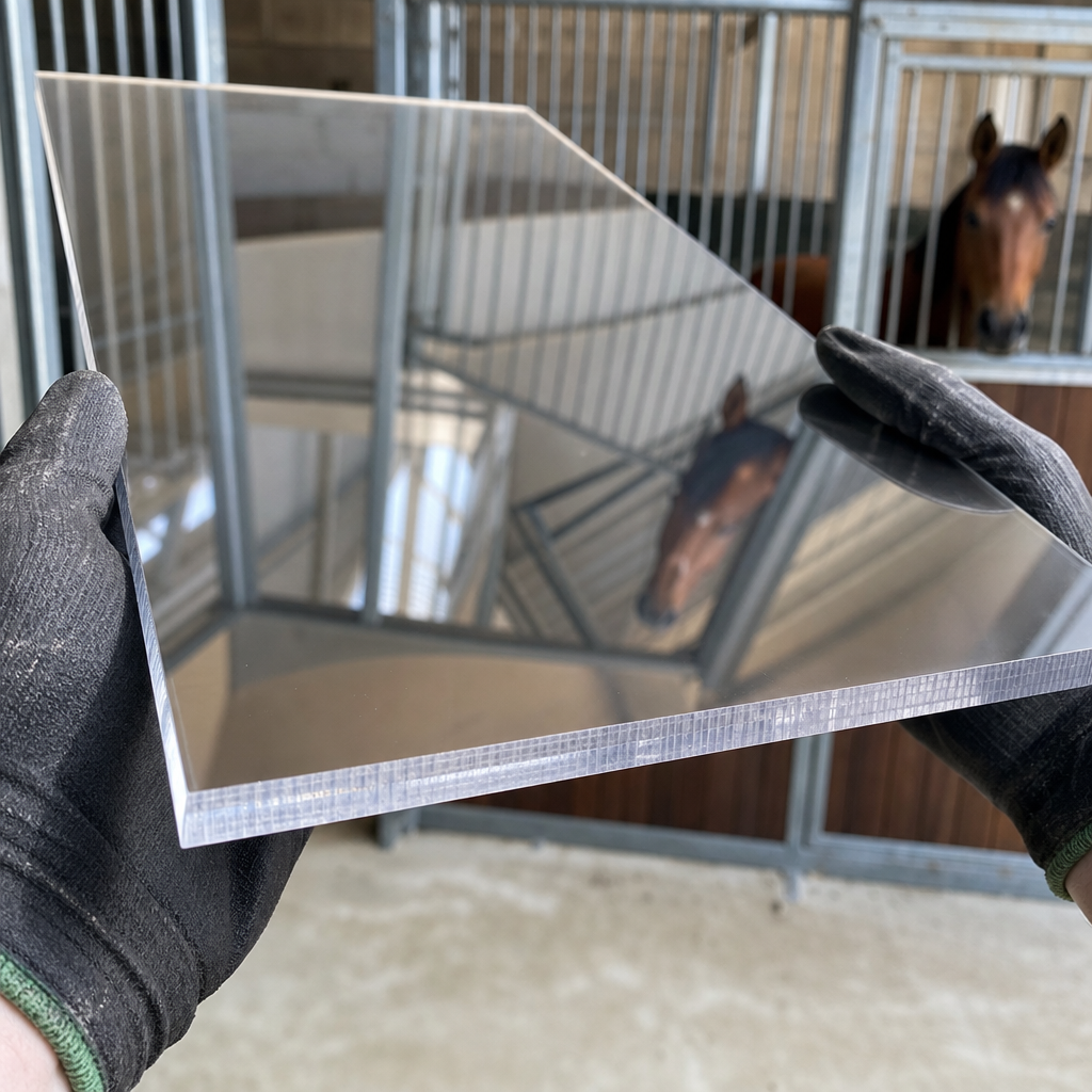 Black-gloved hands holding a mirror-finish sheet reflecting galvanised stable gates and a horse