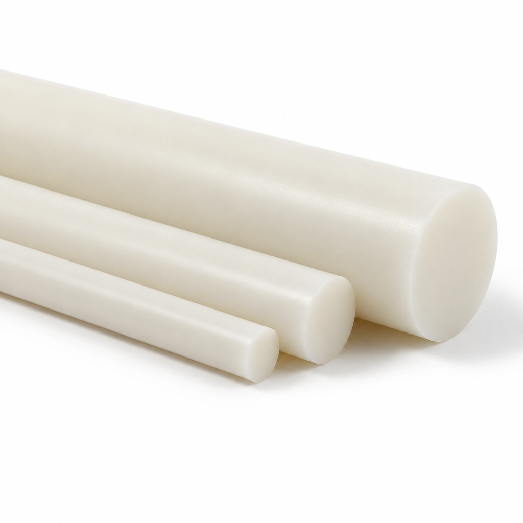 Four off-white nylon 6.6 rods of stepped diameter laid parallel on white, rounded ends to the right