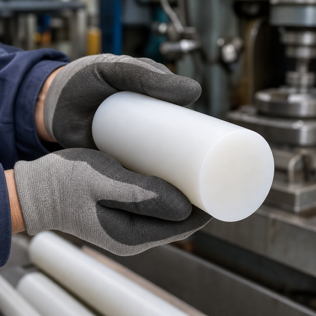 Natural white polyethylene rod held in grey gloves in a machine shop, flat end face facing forward