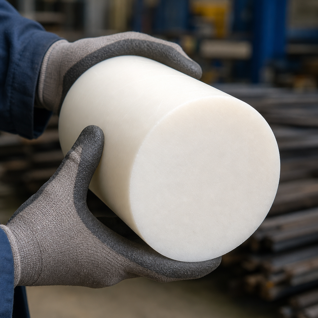 Large-diameter natural white HDPE rod billet held in two gloved hands, broad flat end face forward