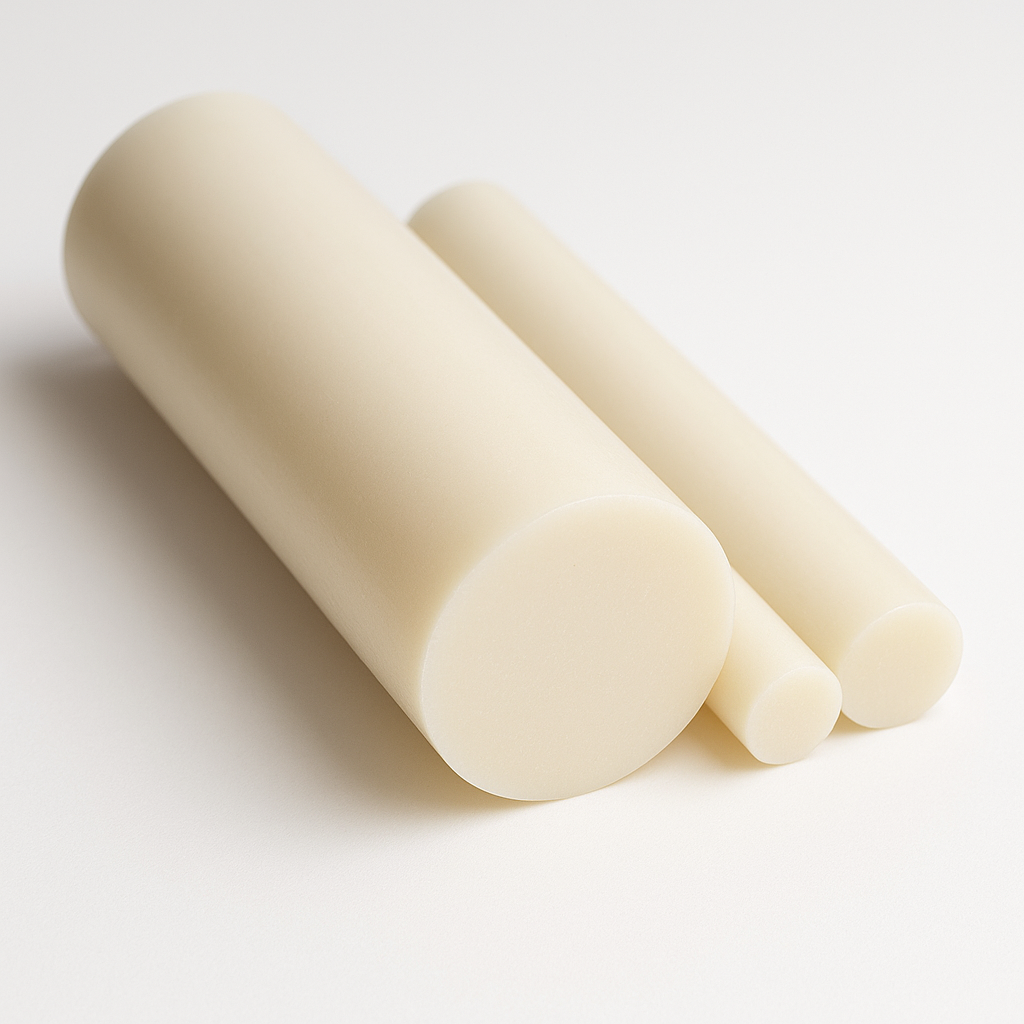 Three cream PETP rods in different diameters resting together on white, cut faces angled forward