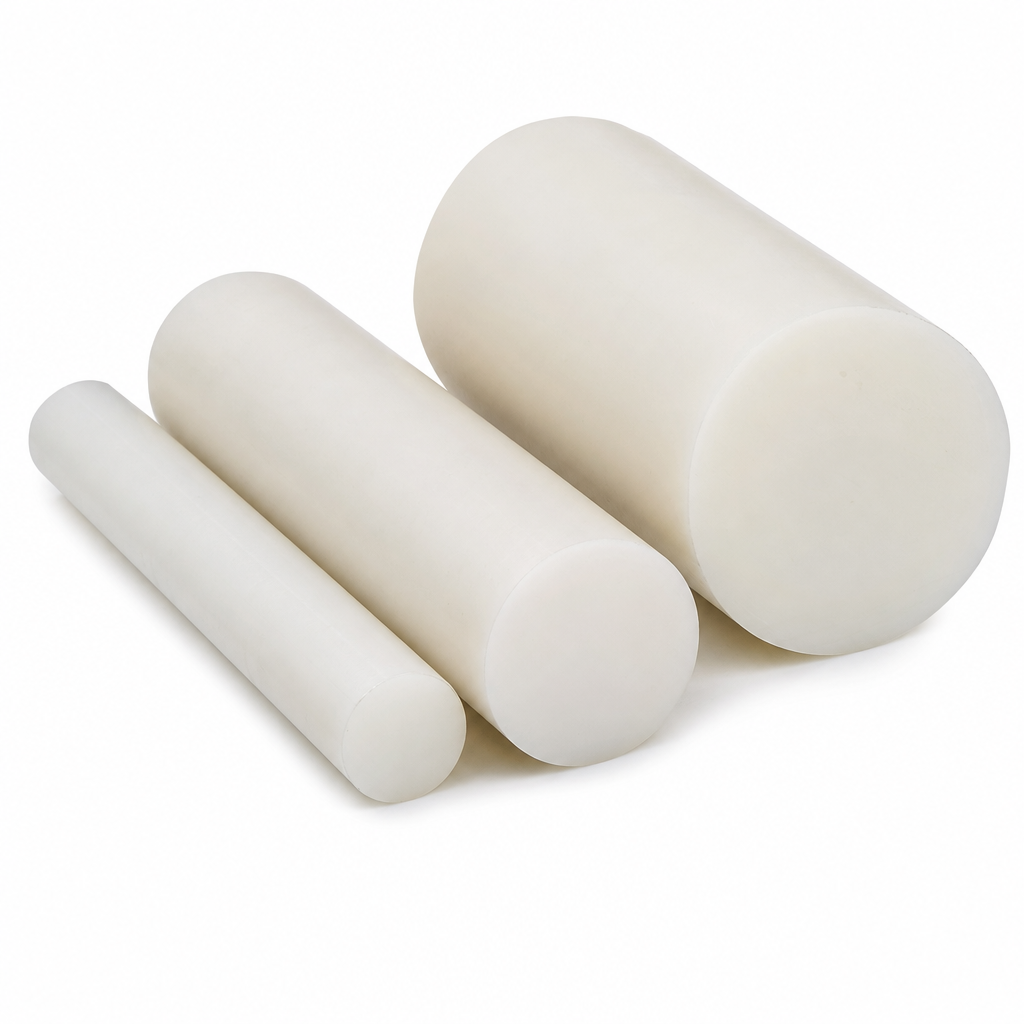 Three creamy white PET rods of stepped diameter grouped on white, cut ends angled forward