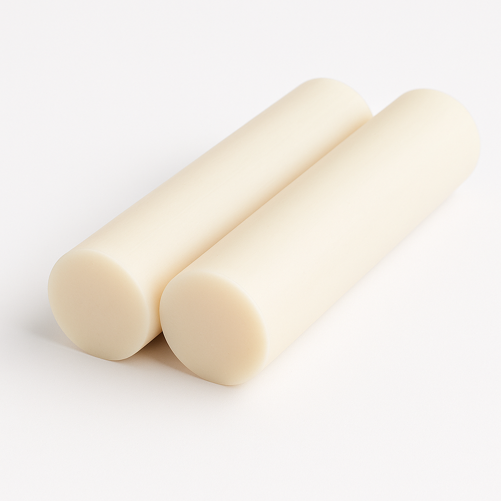Two thick cream-white rods lying side by side on a plain white background, rounded cut ends forward