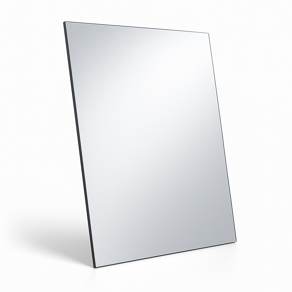 Rectangular silver acrylic mirror propped at an angle on white, its darker sawn edge clearly visible