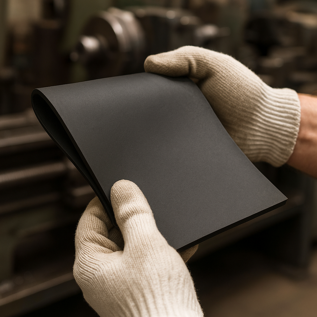 Cream-gloved hands flexing a dark grey rubber sheet into a curve in front of a blurred workshop lathe