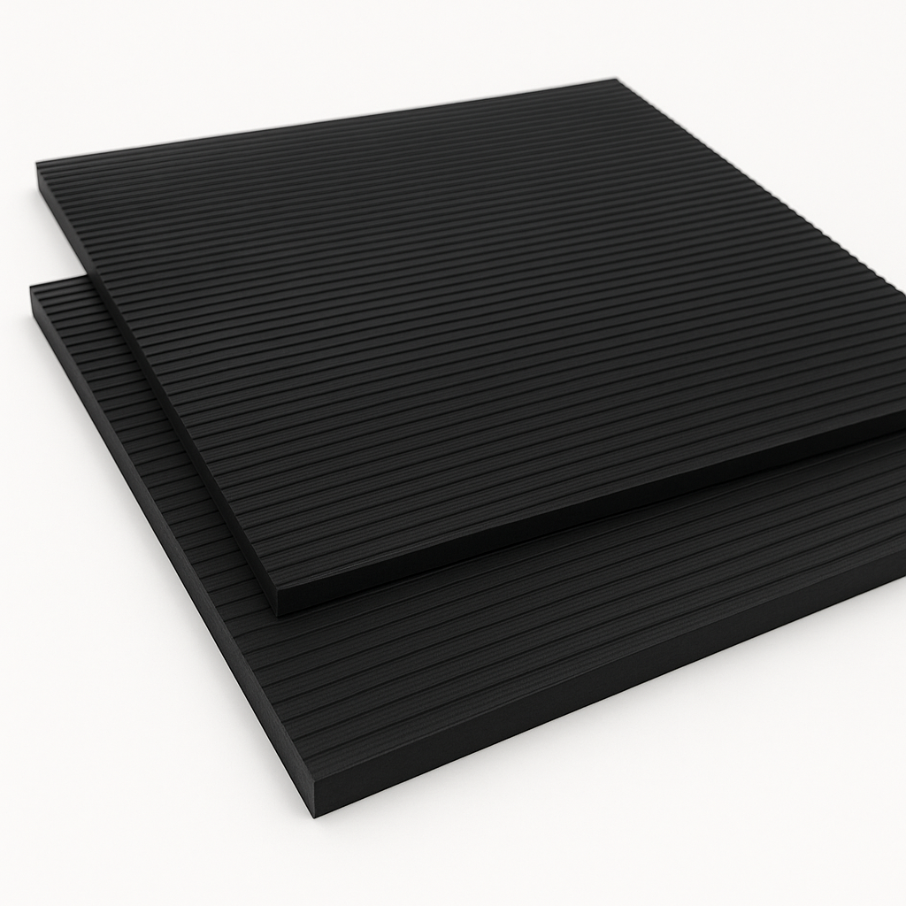 Two black fine ribbed rubber mat squares stacked at an angle on white, close parallel ribs across the top