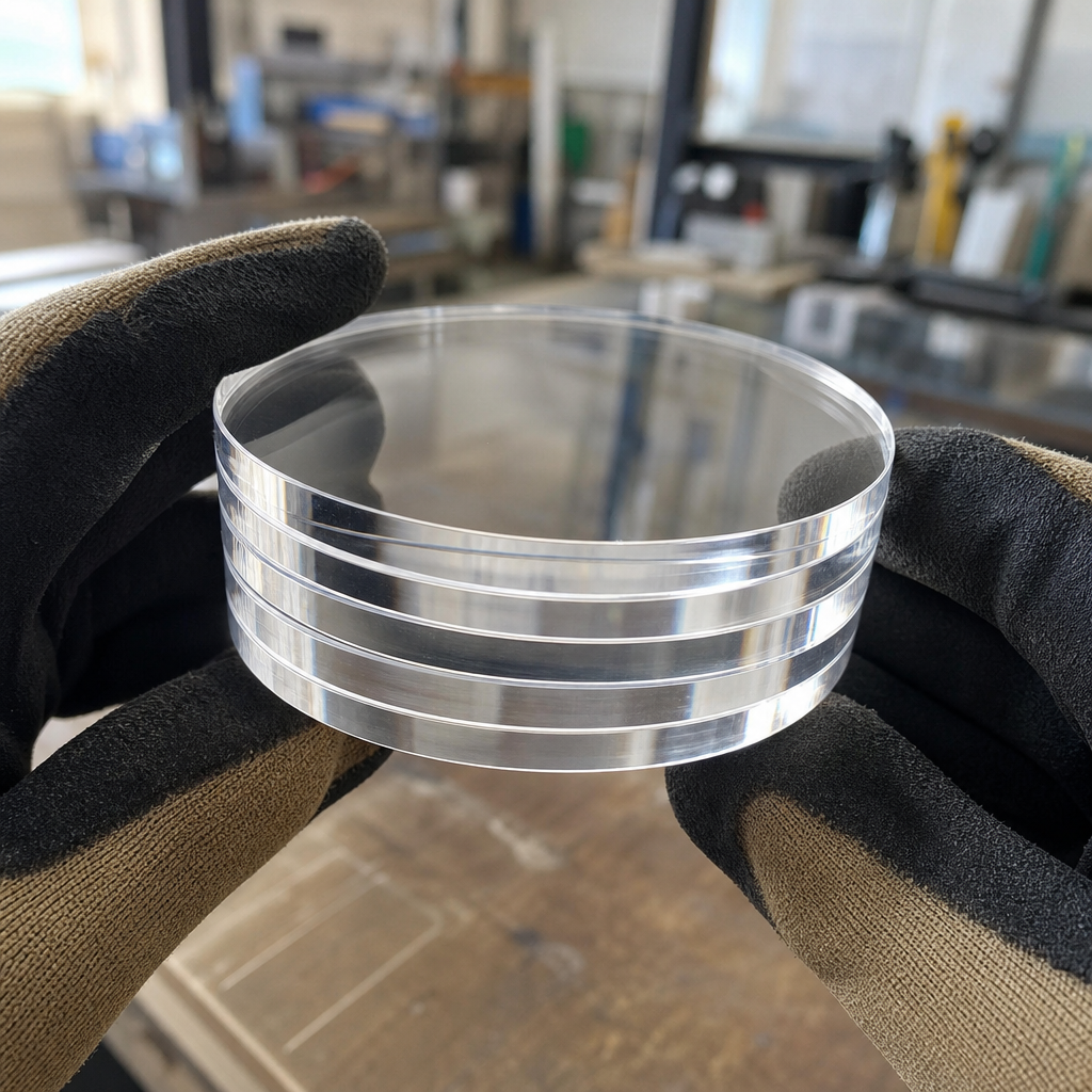 Stack of clear acrylic discs held between gloved fingers in a workshop