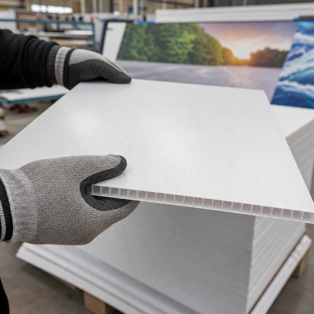 Gloved hands holding a white corrugated plastic sheet, open flutes visible along the cut edge