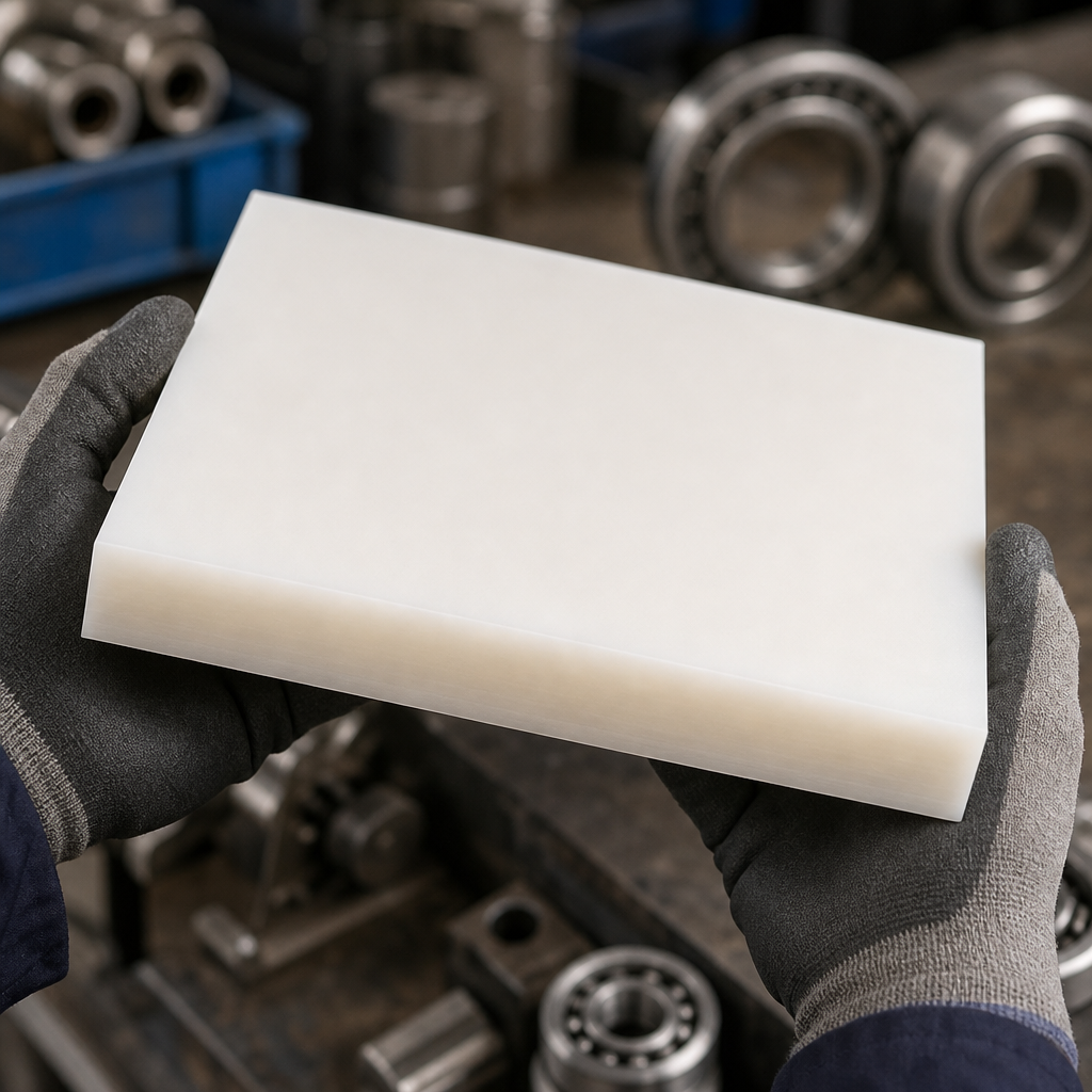 Gloved hands holding a thick off-white nylon offcut, roller bearings on the bench behind