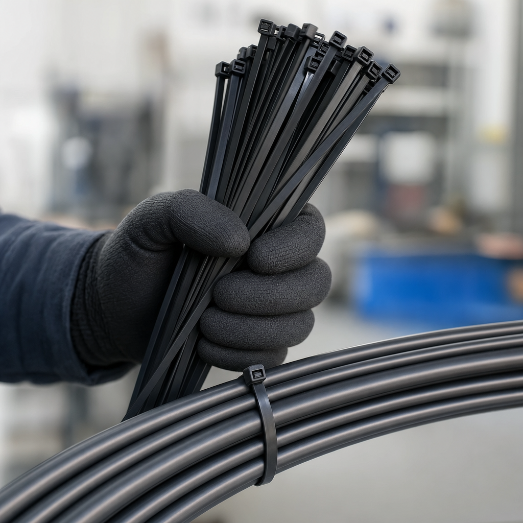 Gloved hand holding a bunch of black nylon cable ties above a coiled bundle of cable in a workshop