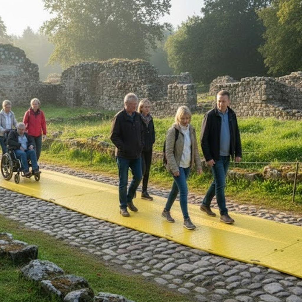 Temporary ground protection matting laid over uneven terrain to ensure a safe, smooth walkway for public access tours.
