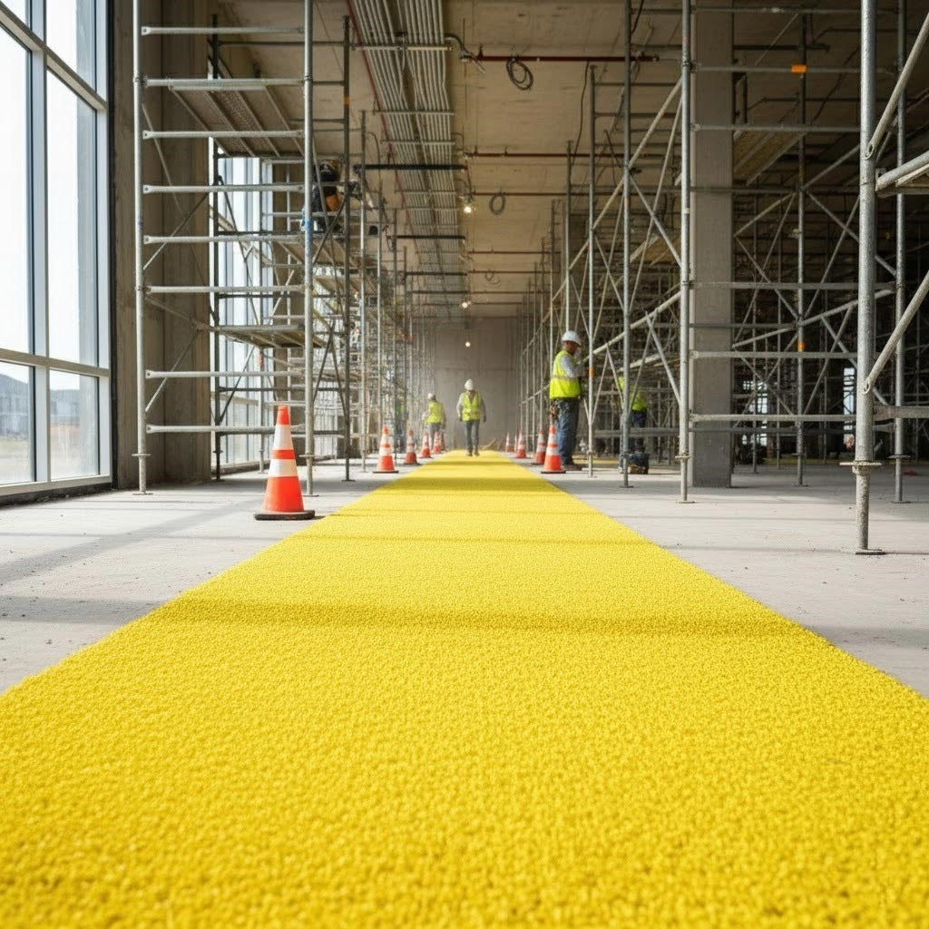 Temporary indoor safety flooring using a bright yellow Site Spaghetti Mat to establish an anti-slip designated pathway (12m x 1.2m) for workers amidst scaffolding in a building under construction.