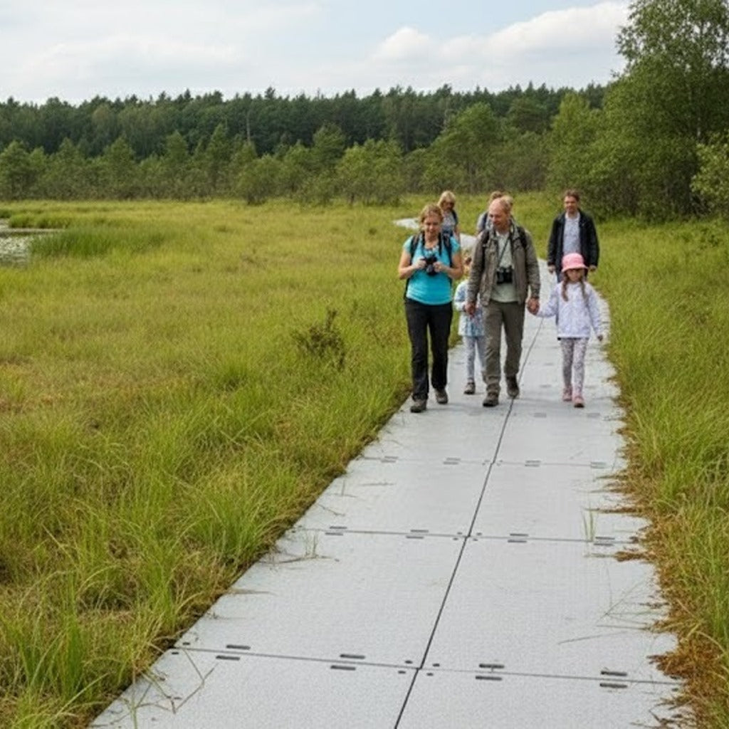 Temporary matting forming a durable, non-invasive boardwalk alternative for nature trails, protecting vegetation and providing access to scenic natural environments.