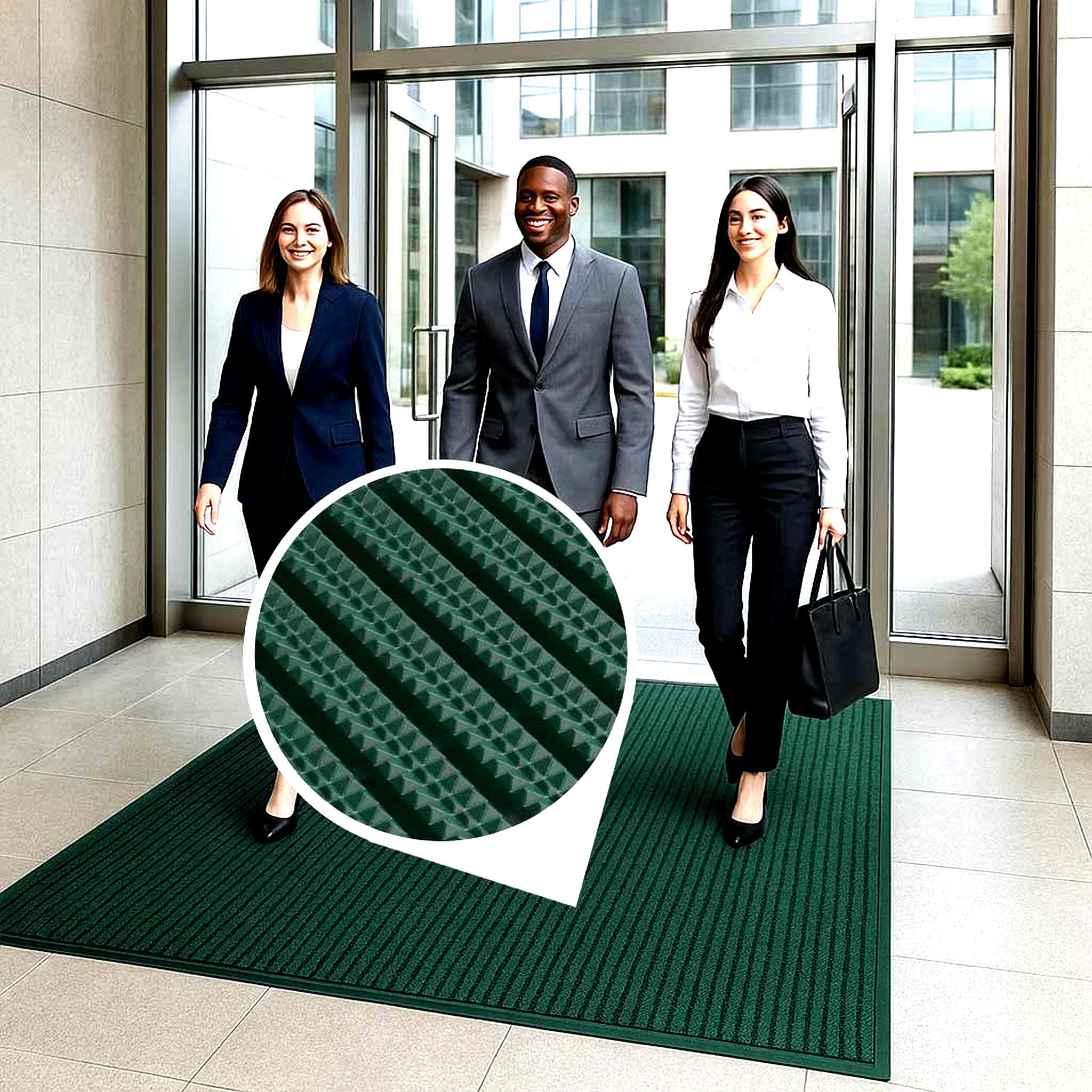Three business professionals smiling as they walk across a dark green commercial entrance mat in a modern office building lobby. The mat is designed for high-traffic entrances and walkways. An inset circle magnifies the mat's striped, patterned texture with alternating raised and flat sections for effective scraping and moisture absorption.