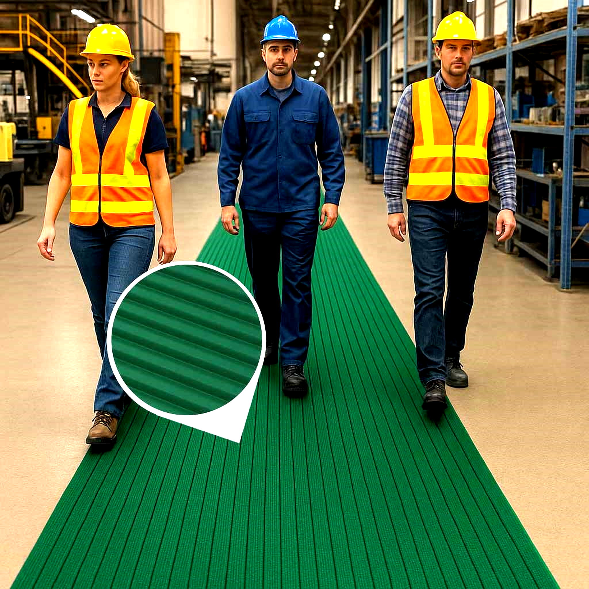 Three factory workers in safety gear walk down a long green ribbed PVC matting roll used as a defined safety walkway in an industrial building. This anti-fatigue, slip-resistant mat is an ideal solution for industrial workstations and production lines, providing chemical resistant and comfortable flooring.
