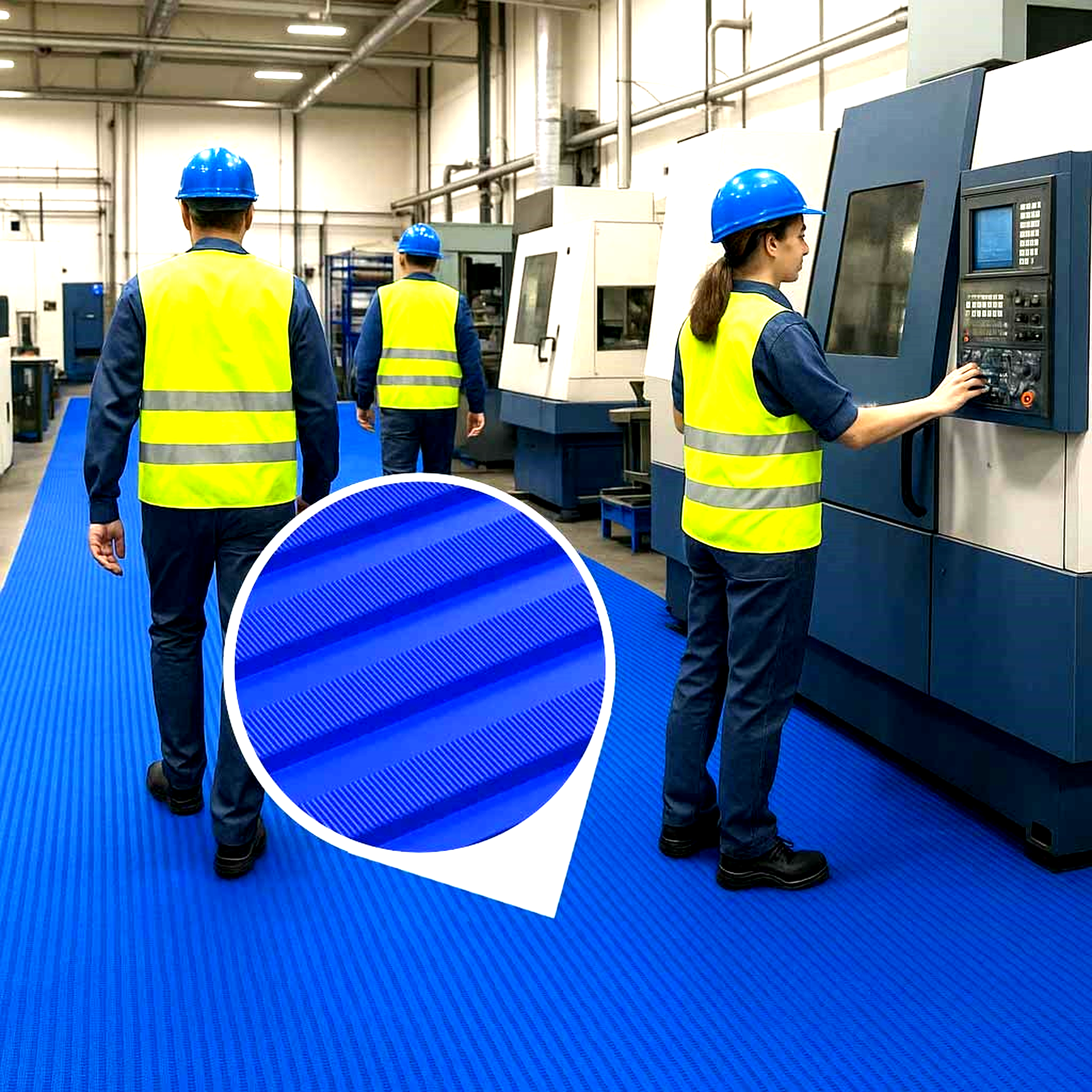 Three workers in blue hard hats and yellow high-visibility vests are in a factory, walking and working on a wide roll of blue, ribbed non-slip PVC matting. One worker operates a CNC machine. An inset circle magnifies the mat's wide ribbed texture, emphasizing its properties as electrical insulation matting for industrial safety.