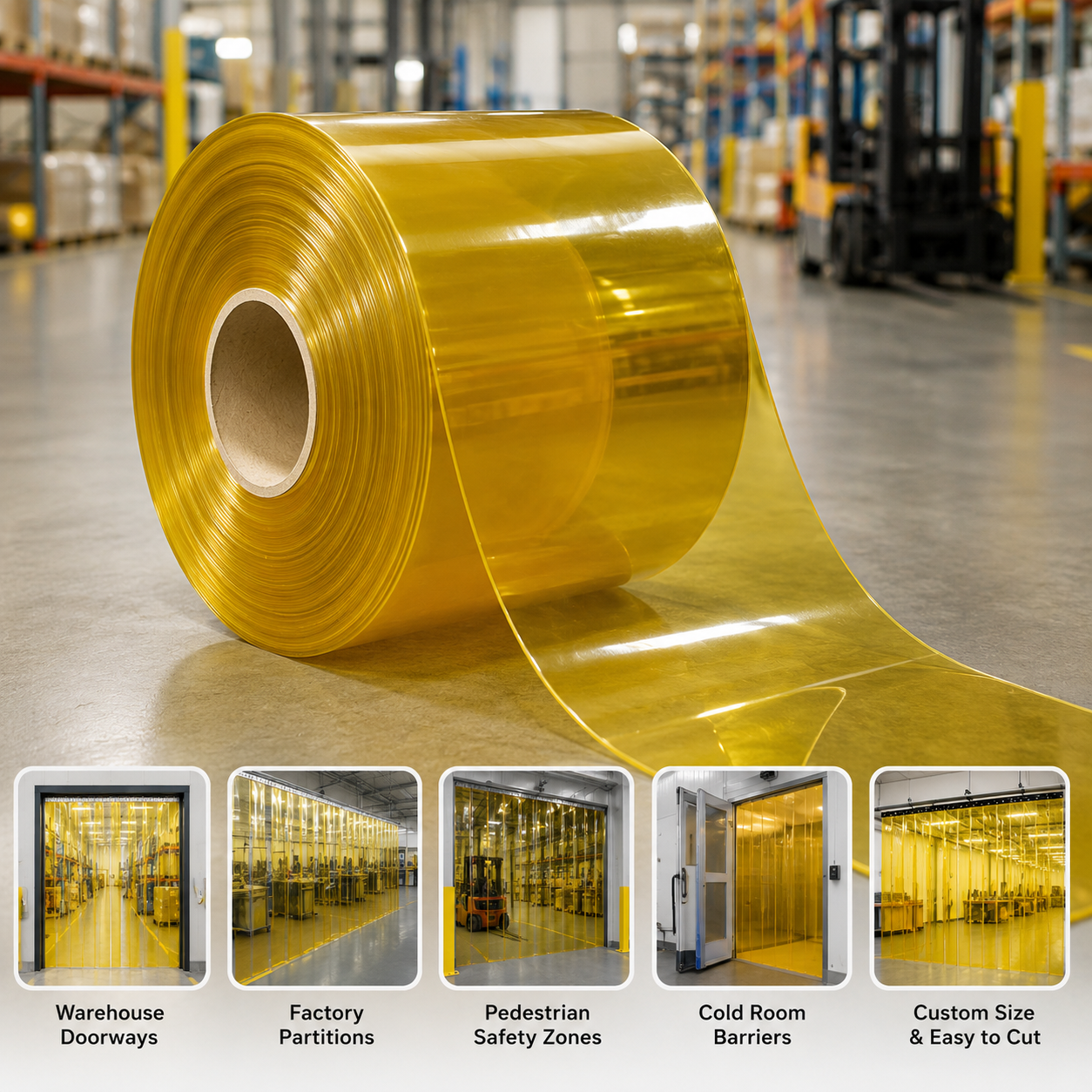 Transparent Yellow PVC Strip Curtain Roll 50m | High-Visibility | Warehouse, Food & Industrial Use