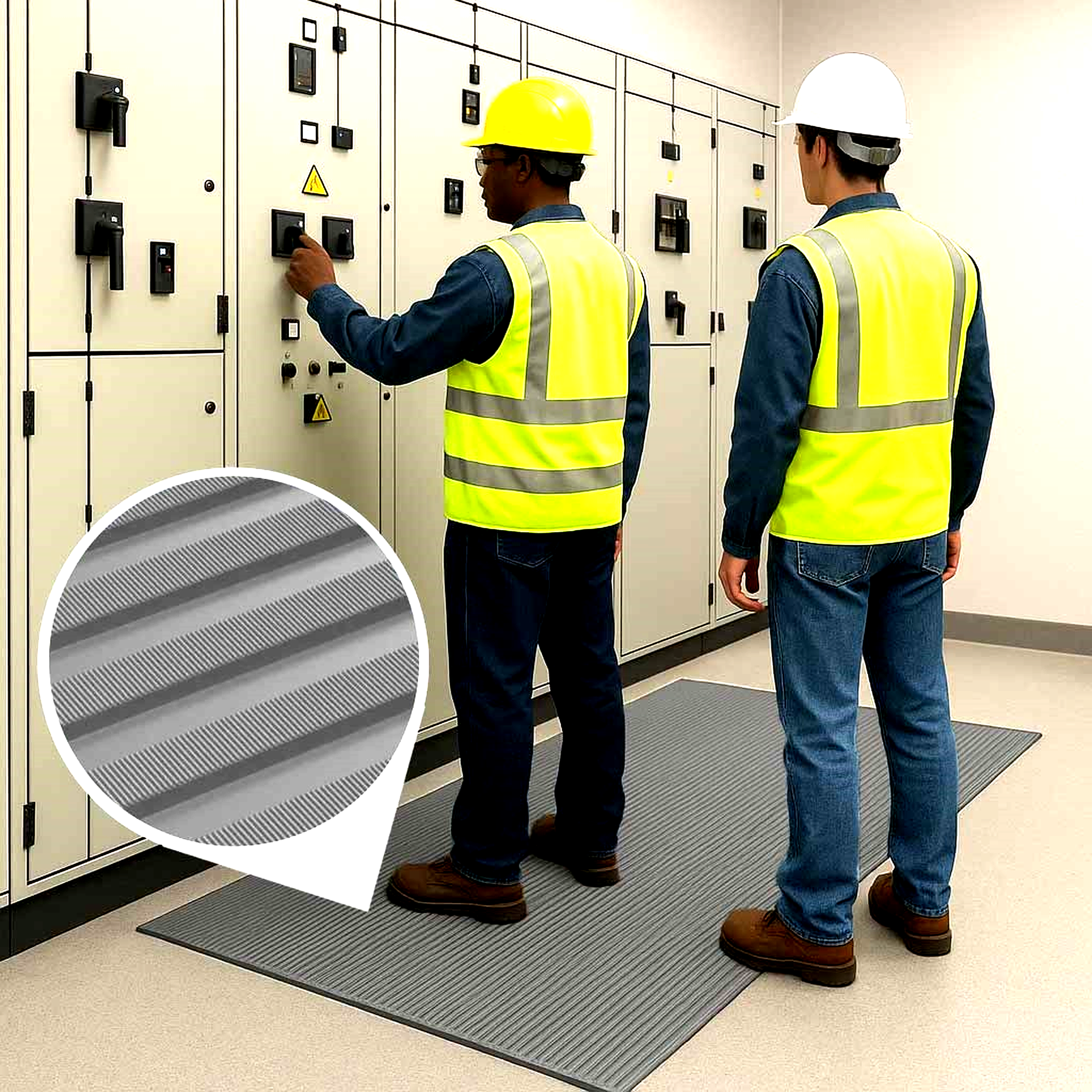 Two industrial workers wearing hard hats and high-visibility vests are standing on a grey, ribbed non-slip PVC matting in front of electrical control panels. One worker is adjusting a switch. An inset circle magnifies the mat's fine ribbed texture, highlighting its electrical insulation properties and suitability for work safety in industrial environments.