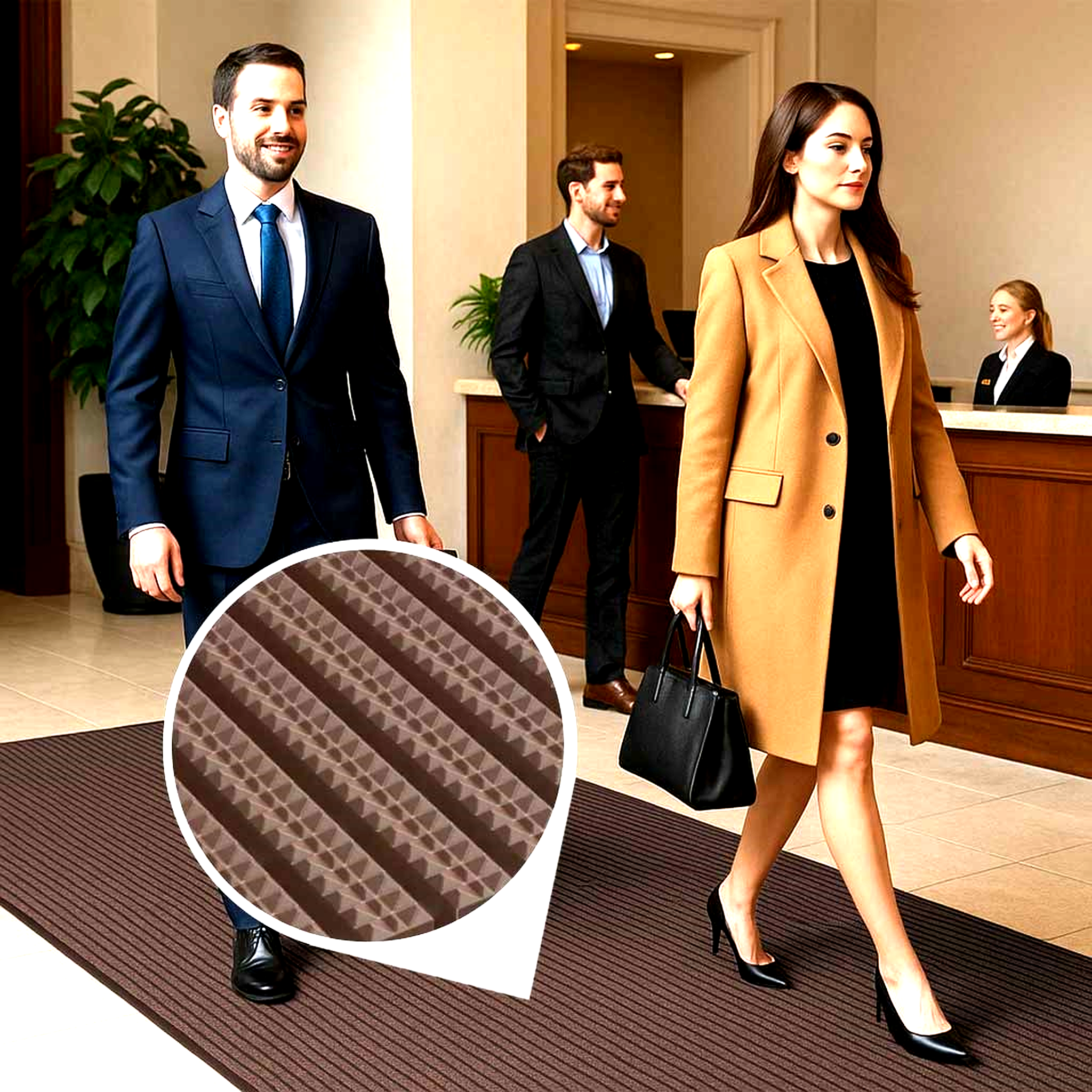 Two professionals, a man in a suit and a woman in a camel coat, walk across a brown ribbed commercial entrance mat in a high-traffic hotel or office lobby. The mat is designed for heavy-duty entrances and walkways. An inset circle magnifies the mat's patterned, striped texture for effective scraping and debris removal.