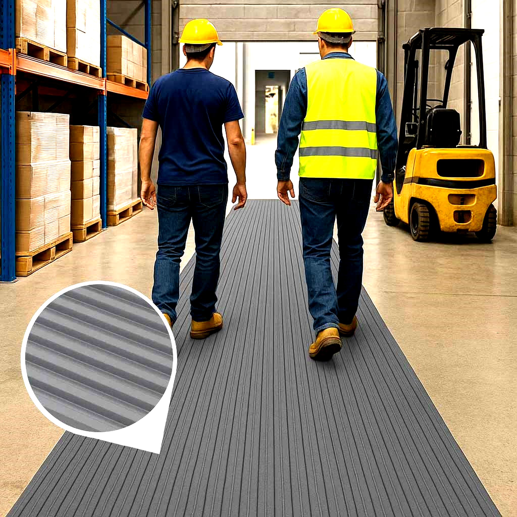 Two workers in safety gear walk on a long roll of grey ribbed PVC matting in a warehouse aisle with shelving and a forklift. This anti-fatigue, slip-resistant mat is ideal for defining industrial workstations and production lines, providing chemical resistant and comfortable flooring.