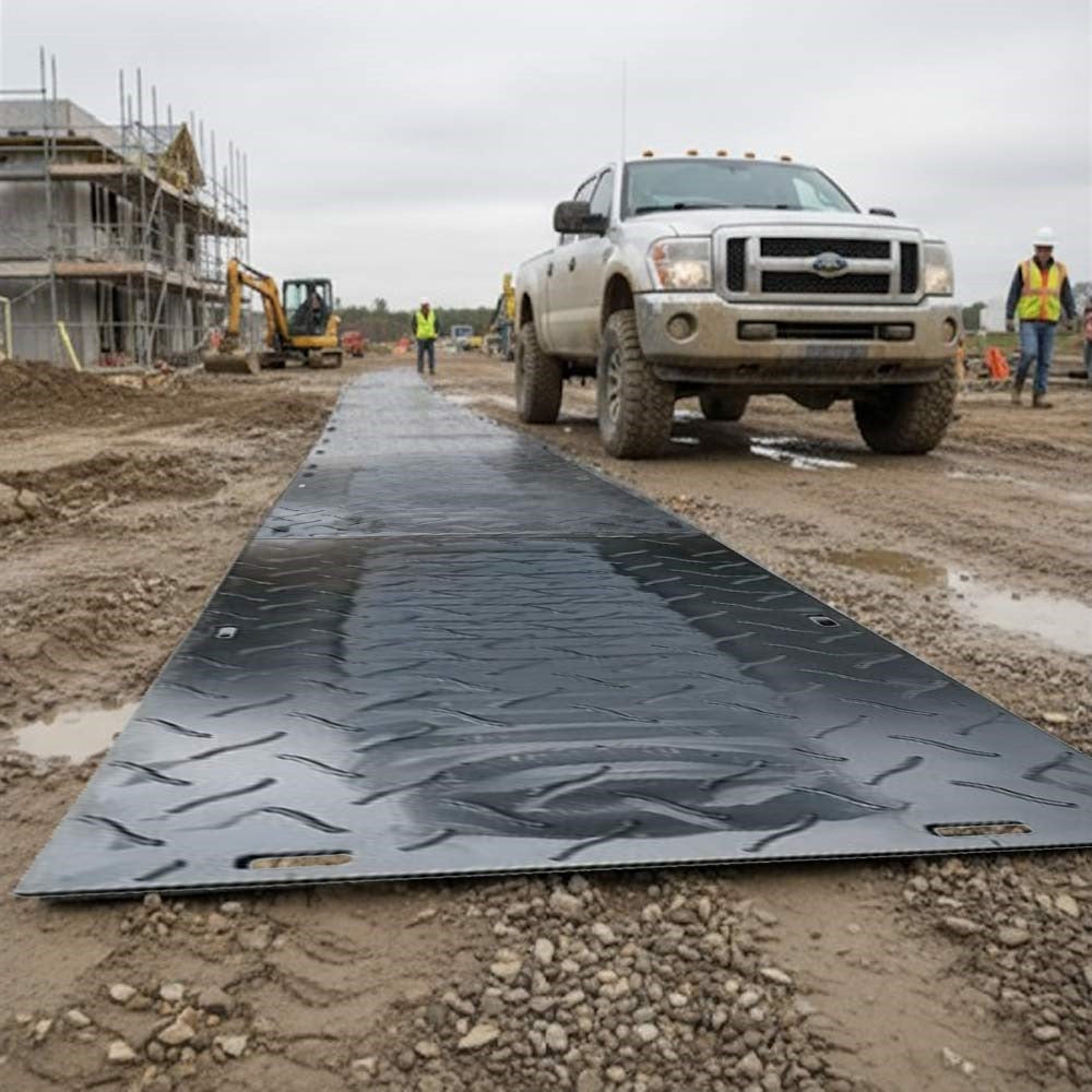 Two workers installing lightweight polyethylene access mats with hand holes