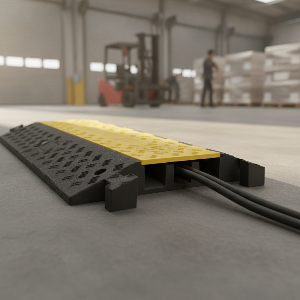 Yellow and black modular cable protector ramp on a warehouse floor with a forklift behind