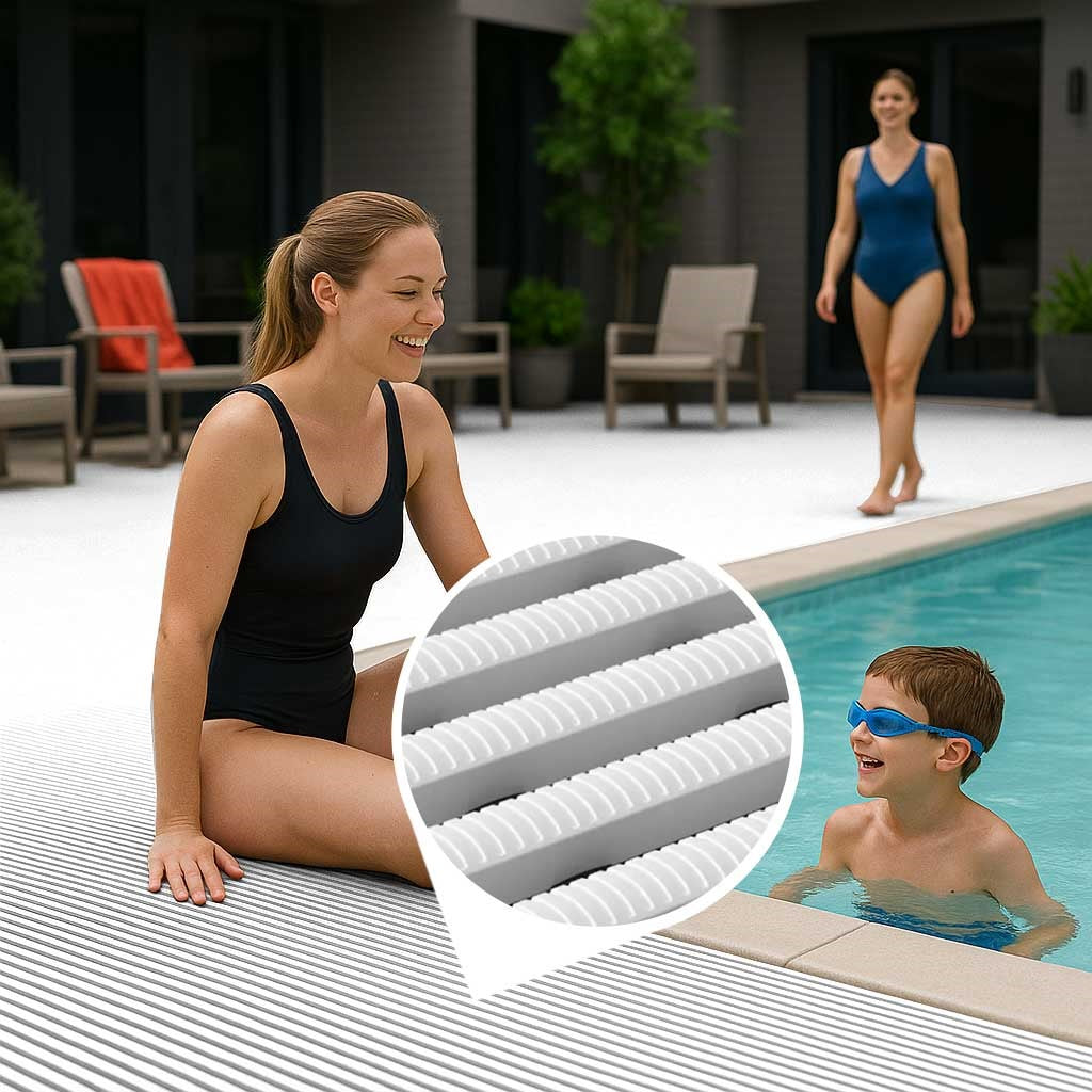 White ribbed High-Traffic Pool and Wet Areas Safety Mat installed on an outdoor pool deck, providing a continuous non-slip surface for family safety.