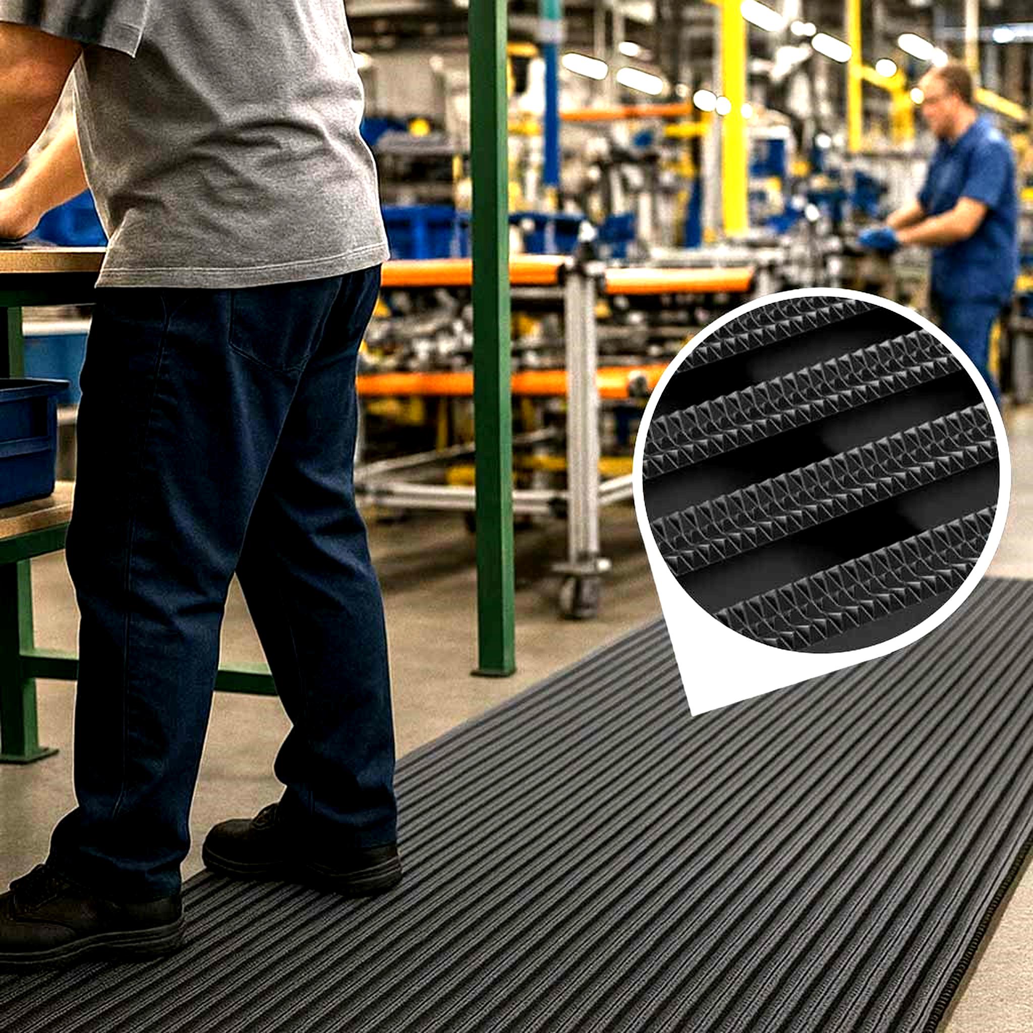 Worker standing in a bustling factory on a long roll of black heavy-duty industrial matting. An inset circle provides a magnified view of the mat's high-traction, textured ribbed surface with diamond-shaped protrusions for superior non-slip grip. This UV-resistant floor mat is ideal for wet areas, industrial, and outdoor use.