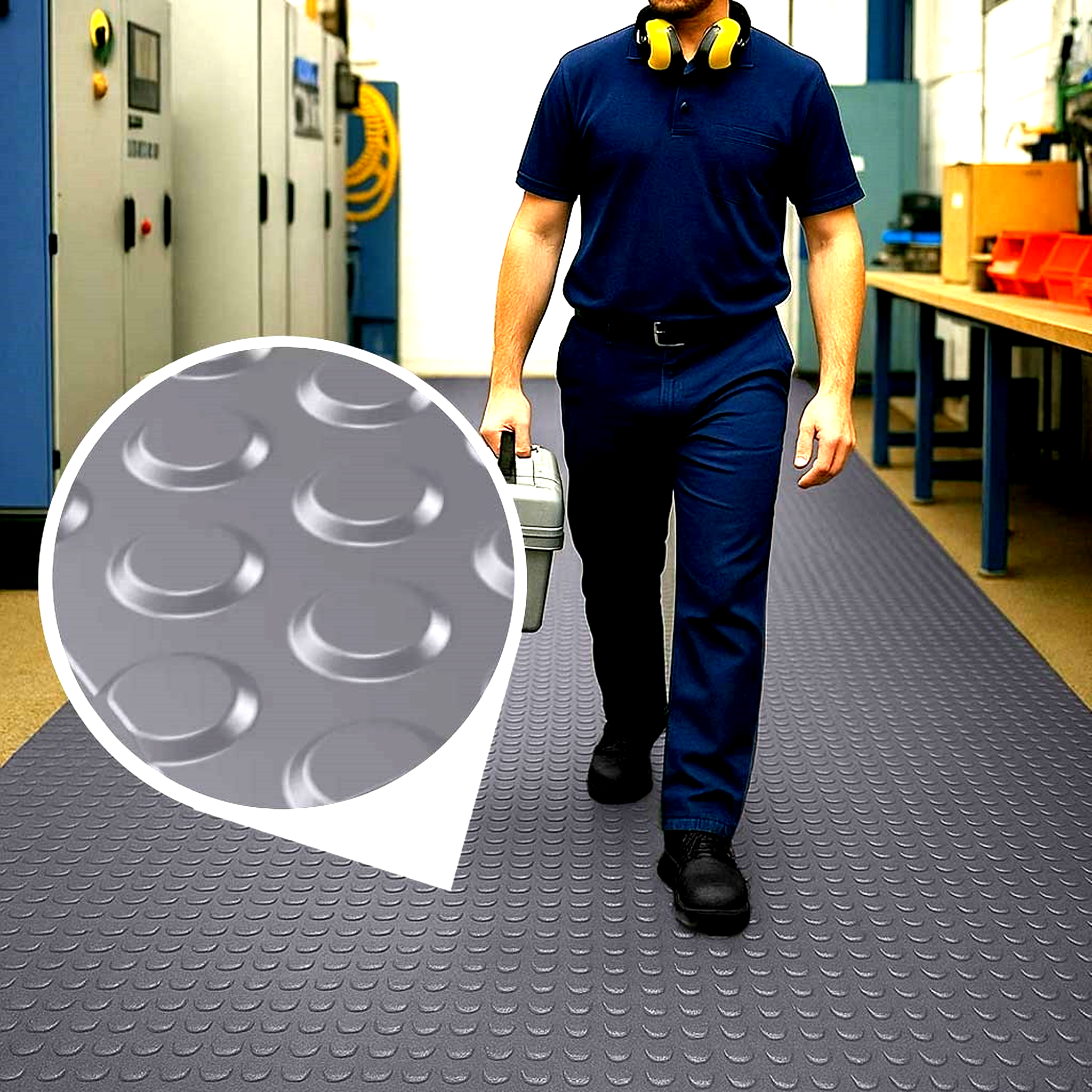 Worker walking on grey, slip-resistant, button-pattern Vinyl PVC matting in an industrial walkway; inset shows waterproof flooring detail.