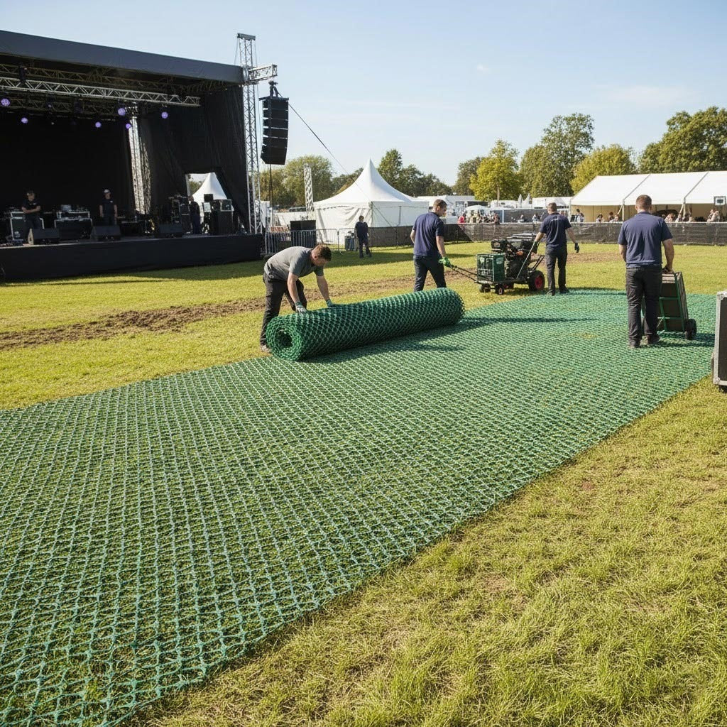 Workers installing 11mm Grass Protection Mesh at an outdoor event venue with a stage and tents, providing ground protection for foot traffic and equipment.