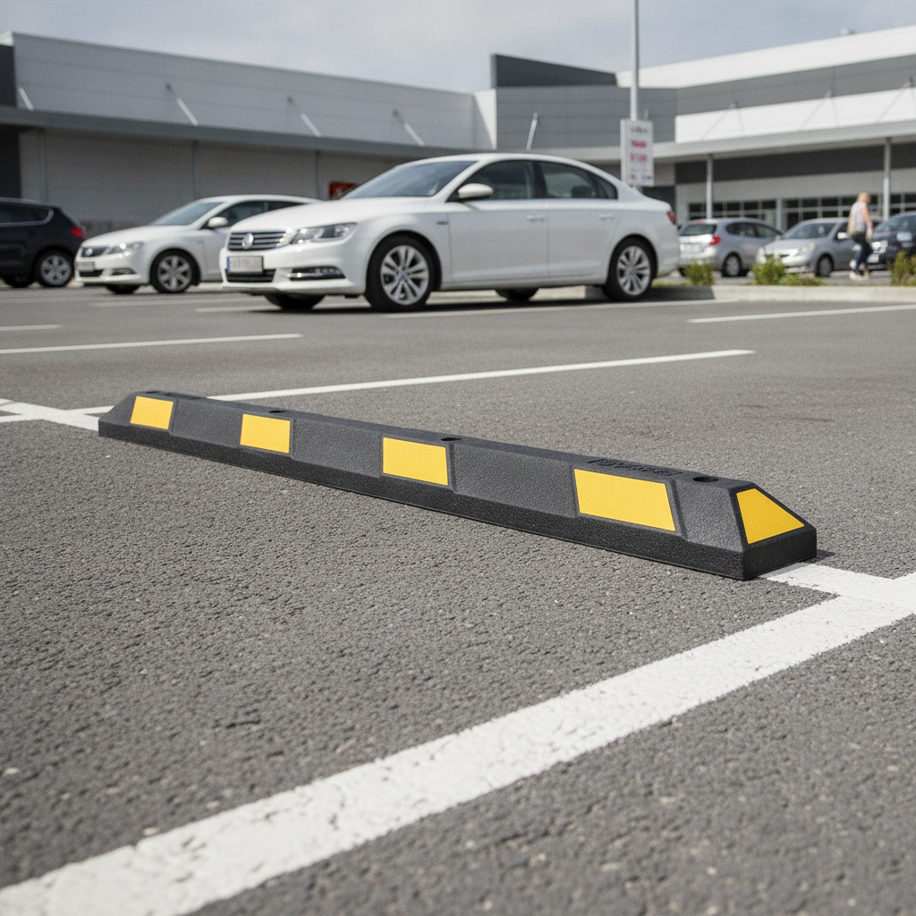 Black and yellow rubber wheel stop at a retail car park space, cars parked behind